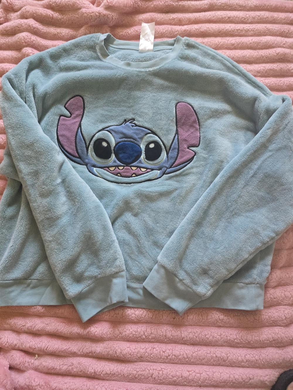 Disney Light Blue Fleece Crewneck Sweater with Stitch Embroidery